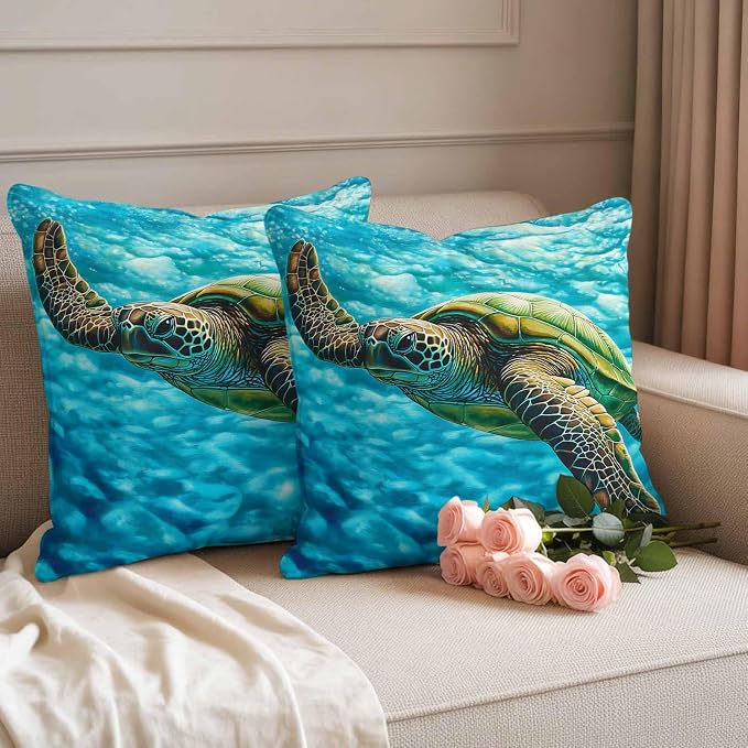 Swimming Sea Turtle Outdoor Waterproof Throw Pillow Covers Set of 2, 24"x24", Sea Water Retro Decorative Pillow Covers Outside Cushion Case for Patio Porch Garden