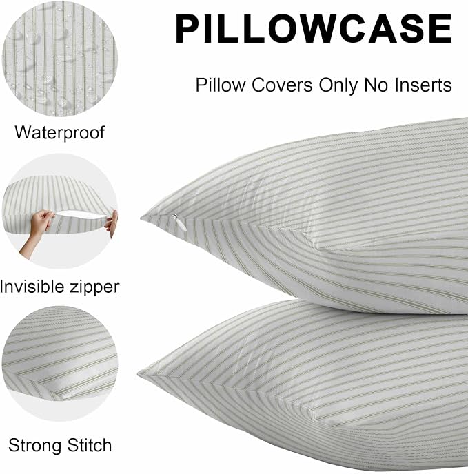 Sage Green Striped Outdoor Pillow Covers 18x18 Inch Throw Pillow Covers Set of 2 Waterproof Decorative Pillow Cases Sage Green White Stripes Farmhouse Cushion Covers for Patio Furniture Garden Couch