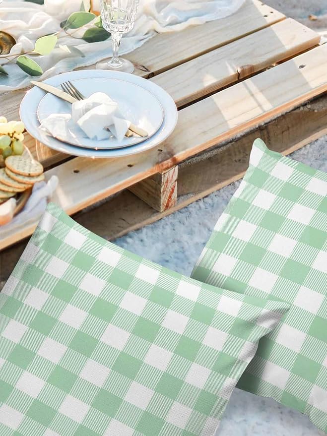 Outdoor Waterproof Throw Pillow Covers Set of 2 Light Green Buffalo Check Plaid Pillowcases 20x20 Inches Farmhouse Style Patio Decorative Pillows Cushion Case Patio Pillows for Couch Bed Chair Garden