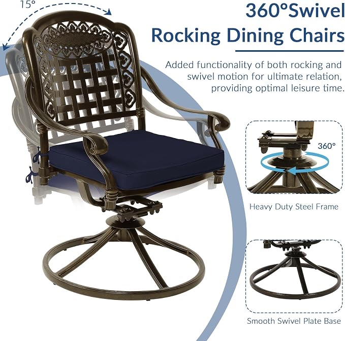 9-Piece Patio Cast Aluminum Dining Set, Outdoor Table and Chairs Set for 8, Includes 94.5" Rectangular Dining Table and 8 Swivel Rocker Chairs with Umbrella Hole for Lawn Garden, Navy Blue