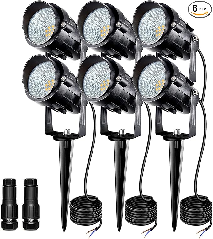 7W Low Voltage Landscape Lighting with Connectors AC/DC 12-24V IP67 Waterproof 3000K Warm White Outdoor Spotlights for Yard Pathway Garden Trees (6 Pack)