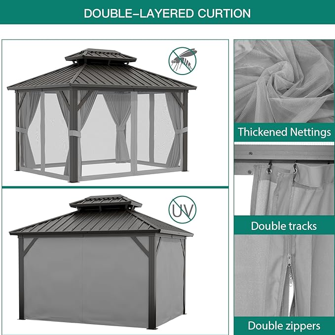 12'x10' Hardtop Gazebo, Heavy Duty Aluminum Permanent Hardtop Gazebo Outdoor Pavilion with Curtains and Netting for Garden