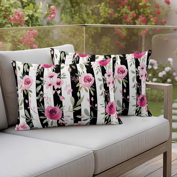 Outdoor Throw Pillow Covers Waterproof Pillow Cases 20x12in Watercolor Pink Floral Decorative Cushion Cases for Couch Sofa Patio Garden 2 Pack Black and White Stripes