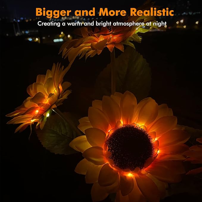 Meagoo Solar Sunflower Lights, 800mA Solar Garden Light with Real Looking Flowers Outdoor Waterproof Solar Stake Lights for Back Yard, Flower Bed, Pathway, Patio, Porch, Fall Decoration (6 Pack)