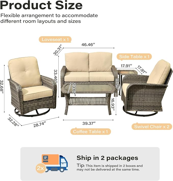 5 Pieces Patio Furniture Set, All Weather Rattan Patio Conversation Sets with Swivel Rocking Chairs, Coffee Table, High Back Outdoor Furniture Loveseat for Porch, Backyard,Beige