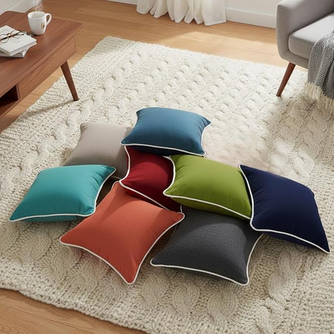 HER HWA Outdoor Throw Pillow Covers White Piping 18"x18" Set of 2, Orange | durable fade-resistant water-resistant 100% polyester white piping smooth zipper machine washable for indoor outdoor décor