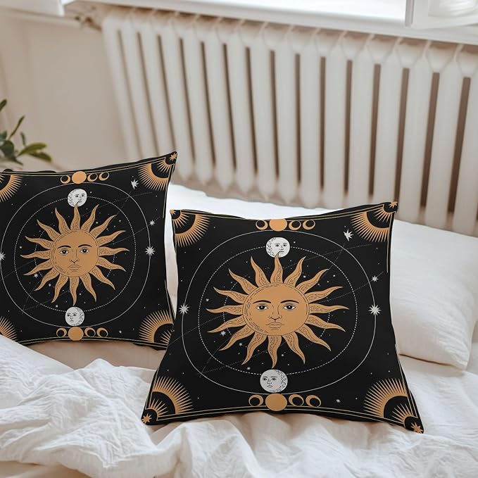 Celestial Sun and Moon Waterproof Outdoor Pillow Covers Set of 2 Home Decor, Black Sky Gold Star Boho Pillowcase Patio Pillow Covers for Couch Bench Patio Furniture Garden 26x26in