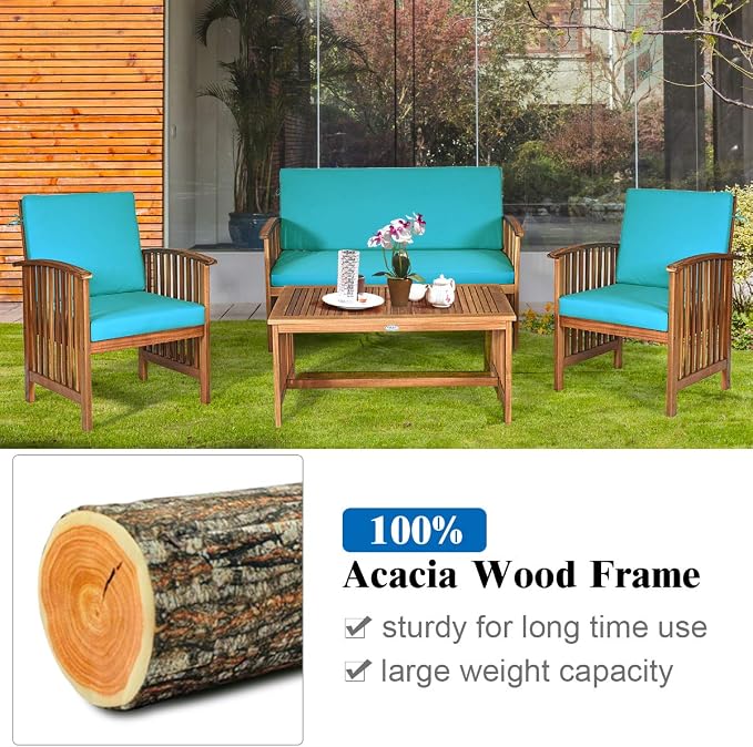 Tangkula 8 PCS Outdoor Acacia Wood Sofa Set w/Water Resistant Cushions, Padded Patio Seating Chat Set w/Coffee Table for Garden, Backyard, Poolside (2, Turquoise)