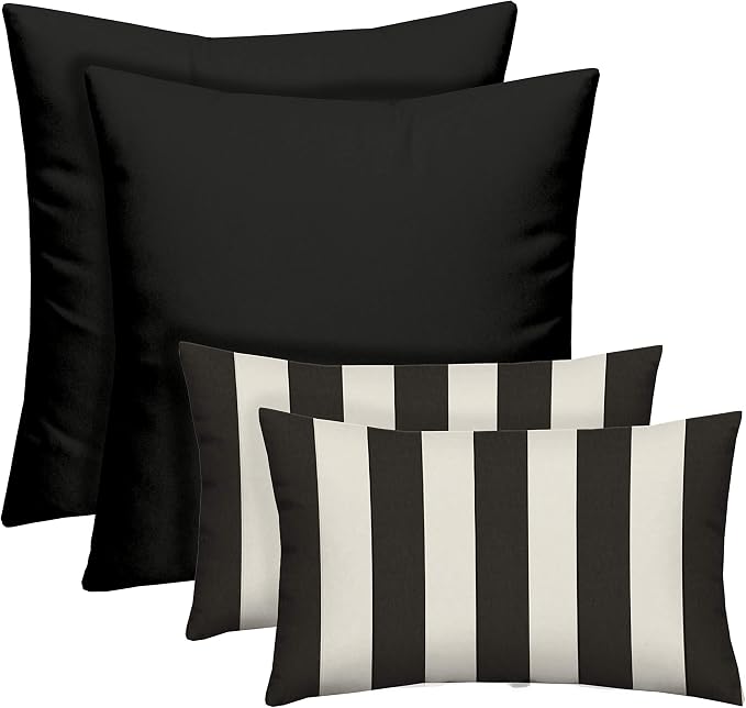 RSH DECOR Indoor Outdoor Mixed Set of 4 Pillows - 2 Solid Square & 2 Stripe Rectangular Lumbars - Weather Resistant - Choose Pillow Size & Color (Black, 2-20"x20" & 2-20"x12")