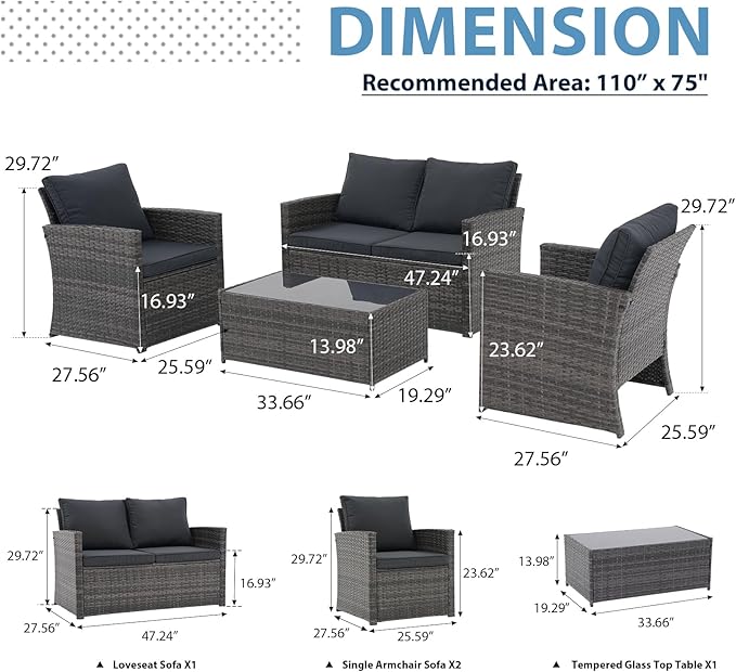 JOIVI 4 Piece Outdoor Patio Furniture Set, All-Weather Wicker Patio Conversation Set, PE Rattan Sofa Set with Loveseat Chair and Tempered Glass Coffee Table, Dark Gray