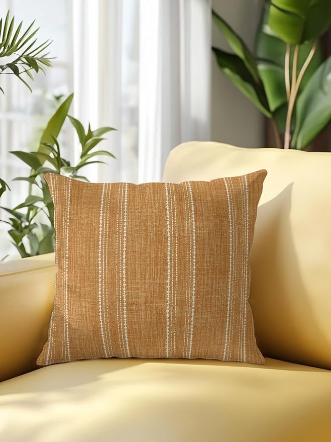 Waterproof Outdoor Pillow 1 Pack Orange Linen Stripes Decorative Throw Pillows Cover & Insert 18x18 Inch Pillowcase Parallel Vertical Lines Pillows for Couch Sofa Bed Patio Furniture Indoor Outdoor