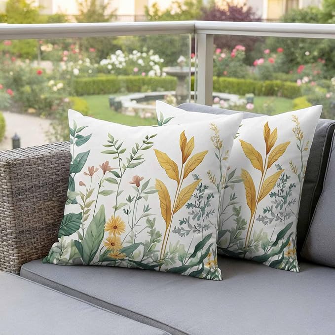 Outdoor Pillow Covers 18x18 Set of 2, Yellow Green Botanical Waterproof Patio Throw Pillow Covers for Couch Sofa Chair, Rustic Watercolor Leaves Decorative Pillowcases for Throw Pillows