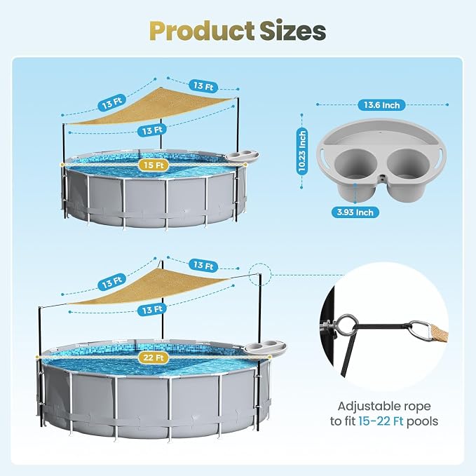 Above Ground Pool Shade Set with Storage Tray – UV-Resistant Shade Sail for 15-22 Ft Pools, Outdoor Triangular Canopy with Sun Shade Poles for Deck, Backyard & Pool Essentials (13x13x13 Ft)