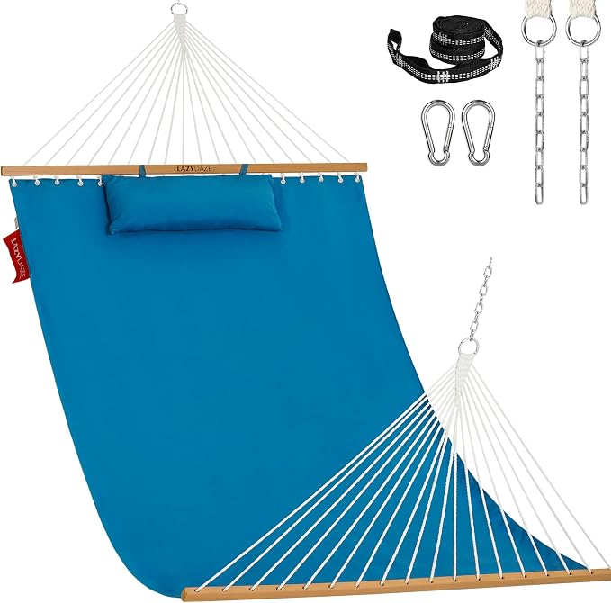 Lazy Daze Hammocks 12 FT Sunbrella Fabric Hammock non-fading with Spreader Bars and Free Pillow Fits for 2 Persons, All Weather and Fade Resistant for Patio Yard, 450 lbs Capacity, Canvas Pacific Blue