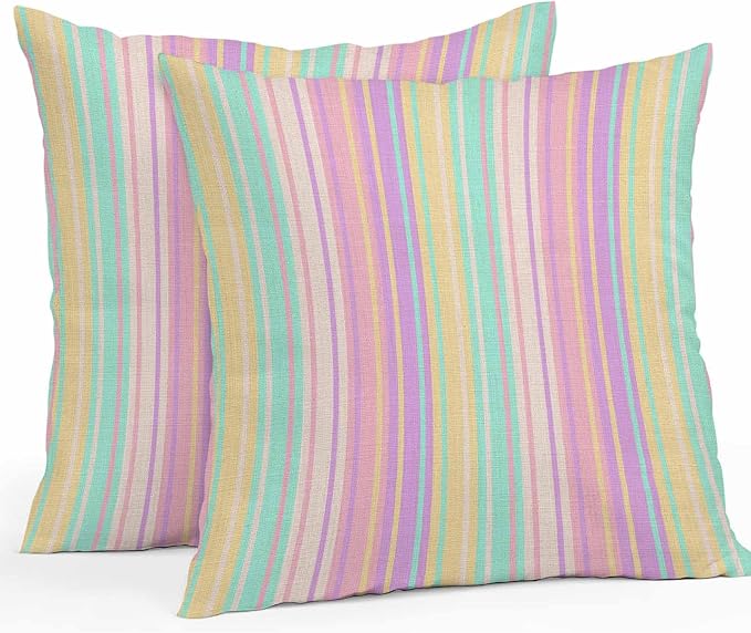 Pink Aqua Stripe Outdoor Pillow Covers 18x18 Inch Throw Pillow Covers Set of 2 Waterproof Decorative Pillow Cases Yellow Geometric Country Geometric Cushion Covers for Patio Furniture Garden Couch