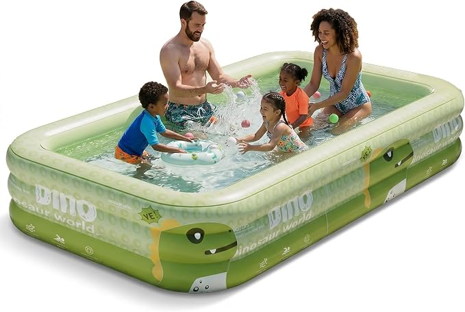 Rectangular Family Inflatable Swimming Pool,Green Dinosaur,118.1 inches 3-Layers PVC Inflatable Walls, Outdoor Backyard