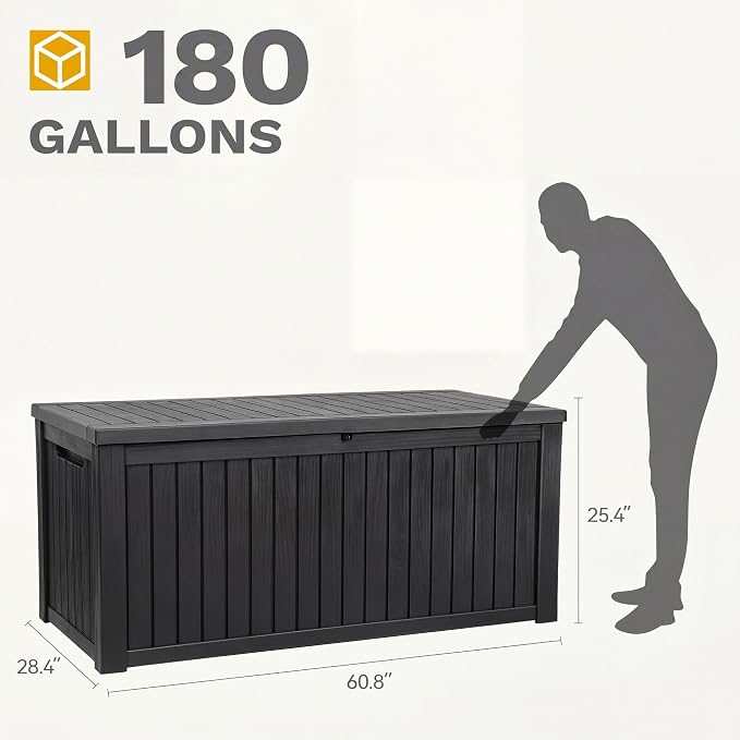 DWVO 180 Gallon XL Deck Box with Divider & Lockable Lid, Waterproof Resin Outdoor Storage for Patio, Garden, Poolside, Cushions, Supplies & Sports Gear, Black