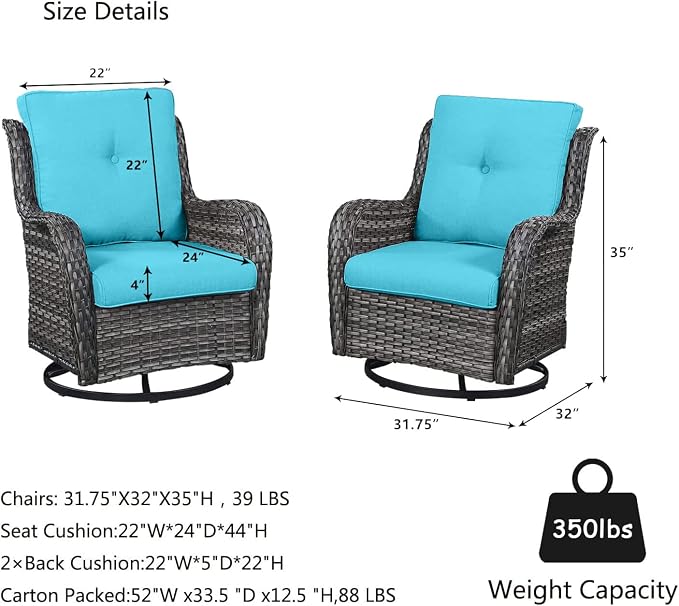HUMMUH Outdoor Swivel Rocker Wicker Patio Chairs Set of 2, Rattan Rocking Chair Furniture Set(Grey,Blue)