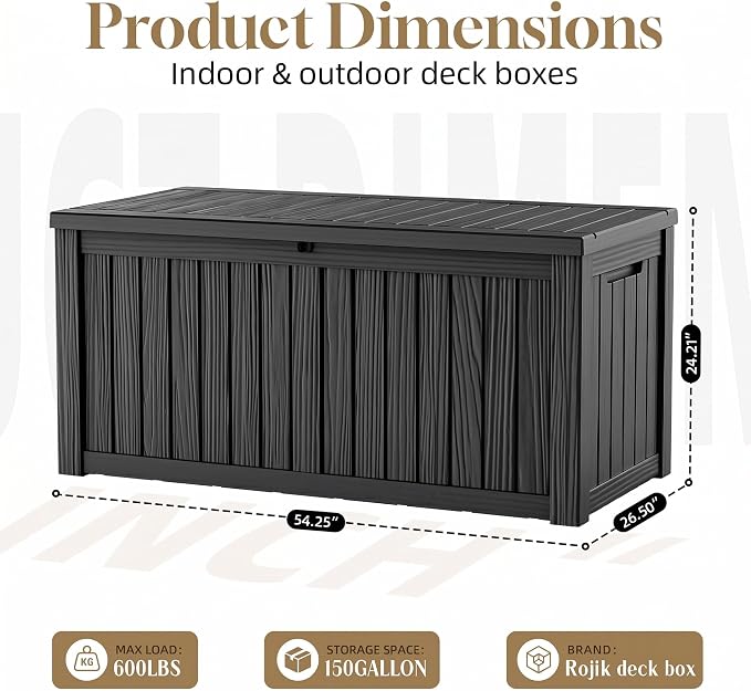 ROJIK 150 Gallon Outdoor Storage Box Waterproof,Weatherproof Deck Boxes Outdoor Lockable,Resin Outside Storage Box for Garden Tools,Cushions,Pool Accessories(Black,150 Gal)