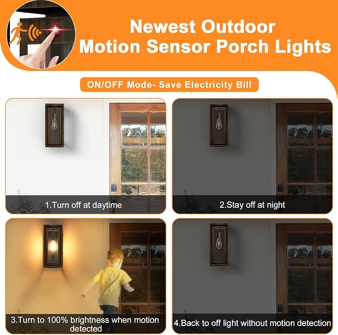 15" Motion Sensor Classic Outdoor Light Fixture Wall Mount, 3 Lighting Modes Waterproof Anti-Rust Wall Sconces, 2 Pack Exterior Lighting Fixtures for Front Door, Porch, Garage