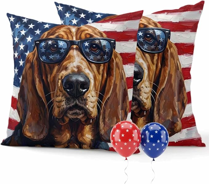 Outdoor Pillow Covers Waterproof Pillow Cases Protector Independence Day USA Flag Pillowcase Pack of 2 Basset Hound Patriotic Sunglasses Throw Cushion Case for Pation Furniture,Couch,Sofa,16X16IN