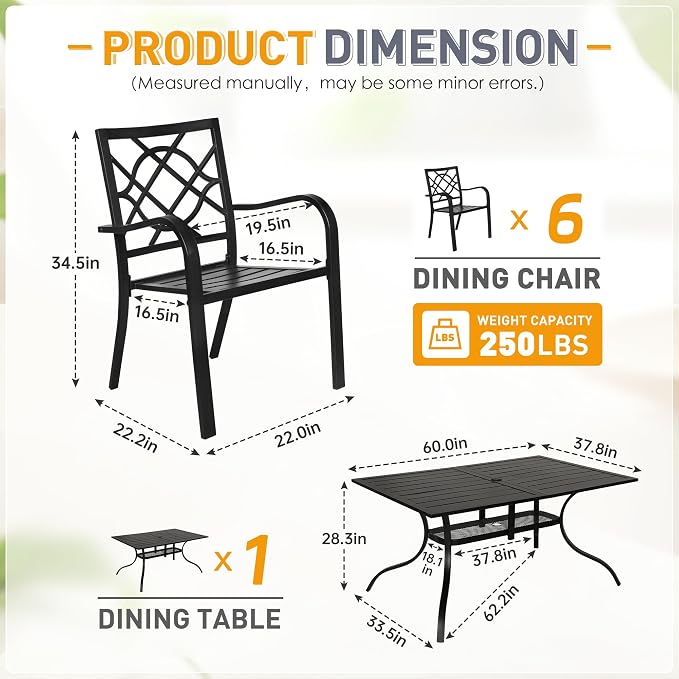 SUNCROWN 7-Piece Outdoor Wrought Iron Chairs and Table Patio Dining Furniture Set - 6 Stackable Metal Chairs, 1 Steel Slat Bistro Table for Garden Backyard Deck