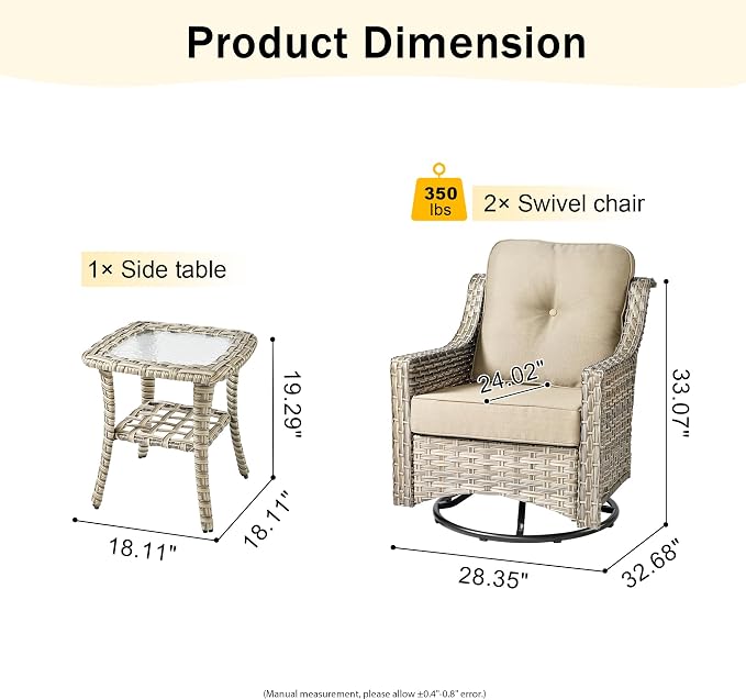 HOOOWOOO 3 Piece Patio Furniture Bistro Sets,Outdoor Wicker Swivel Rocking Chairs with Table Set,All Weather Resistant High Back Rattan Conversation Set(Beige Tan)