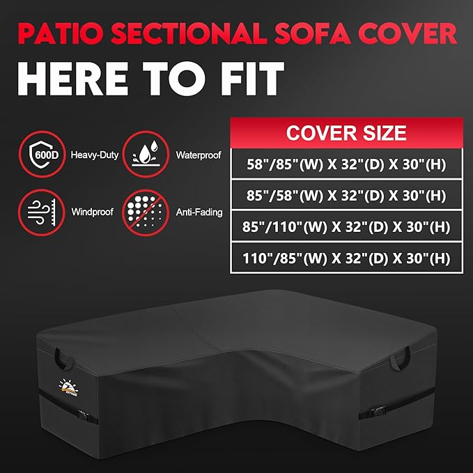 Zettum Outdoor L-Shaped Sectional Cover - 600D Patio Sectional Sofa Cover, Waterproof Patio Furniture Covers for 4-Seater Outdoor Sectional Sofa and Couch, Right Facing, 85x58 Inch Wide