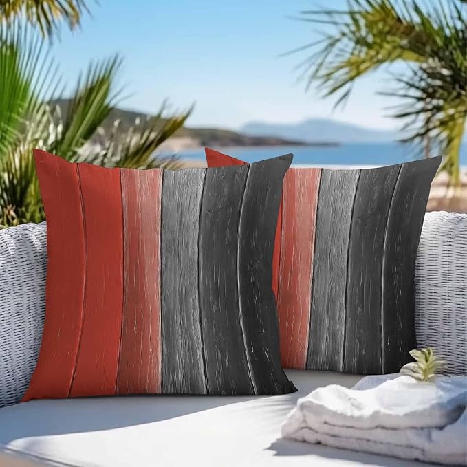 Throw Pillow Covers 16x16 Inch Set of 2, Red Black Ombre Waterproof Outdoor Cushion Covers, Vintage Farmhouse Wooden Decorative Pillowcases for Couch, Sofa, Bed, Garden, Patio