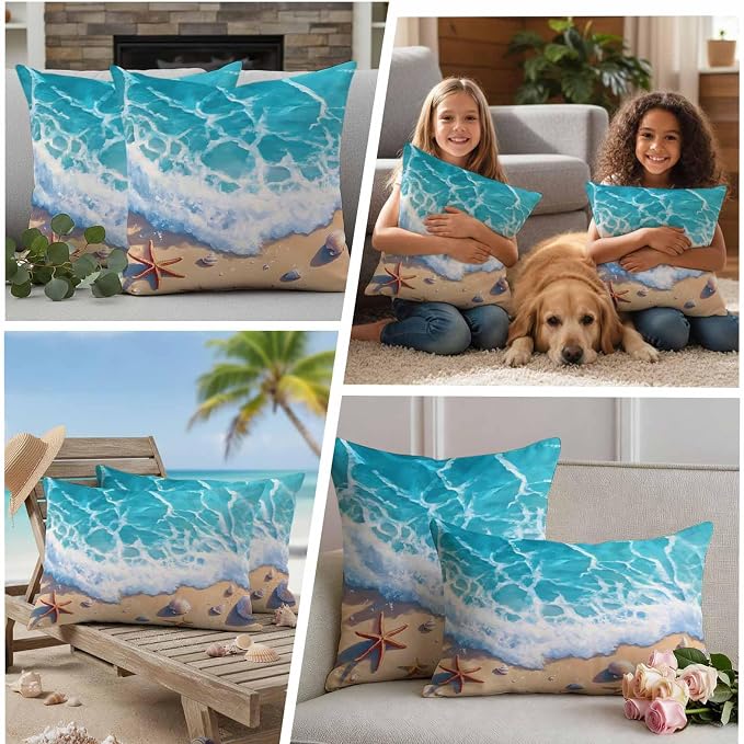 Ocean Beach Waterproof Outdoor Pillow Covers Set of 2 Home Decor, Coastal Nautical Starfish Shells Sea Waves Pillowcase Patio Pillow Covers for Couch Bench Furniture Garden 18x18in