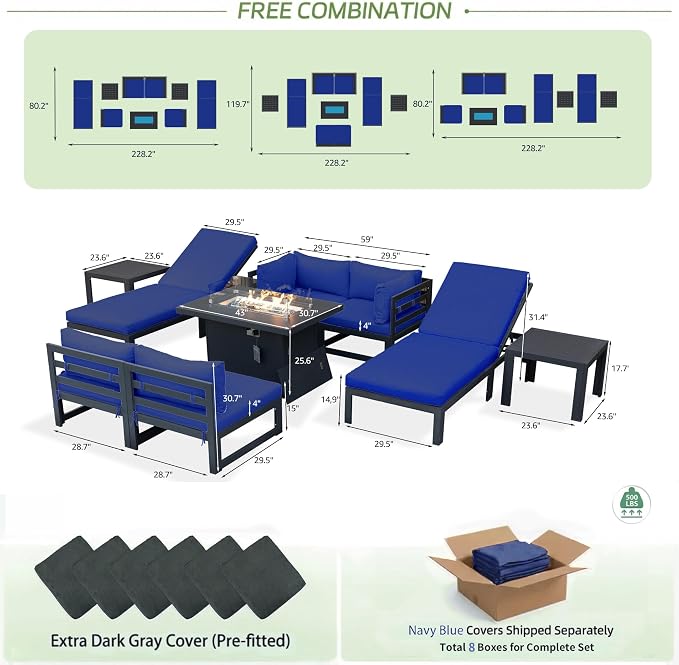 RADIATA 9 Piece Large Modern Aluminum Patio Furniture Set, Fade Resistant Modular Outdoor Conversation Set with Lounge & Fire Pit Table, 500 lbs Durable Modular Sectional Sofa for Garden, Navy Blue