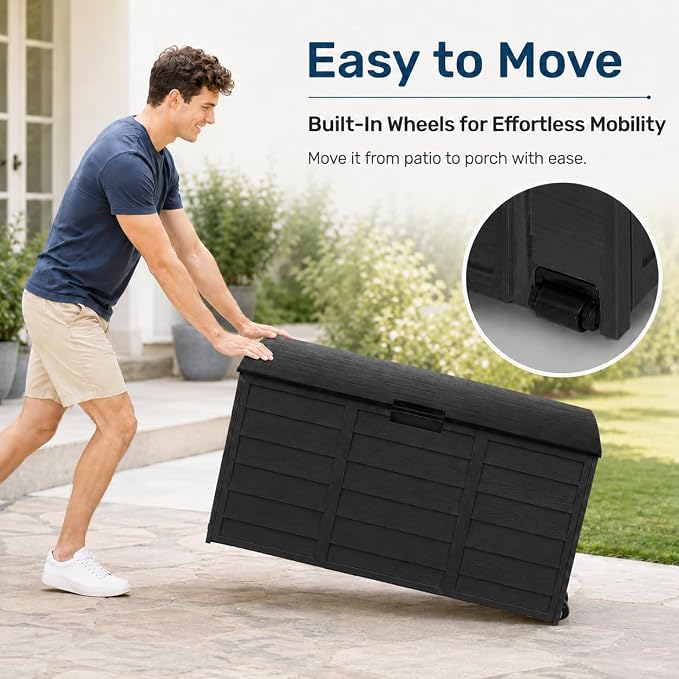 75 Gallon Resin Deck Box, Waterproof Outdoor Storage Box with Wheels, Lockable Lid and Handles, Large Deck Storage for Outdoor Gear, Patio Furniture Cushion, Gardening Tools, Jet Black