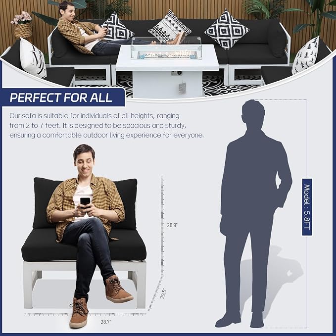 BULEXYARD 8 Seat Large Aluminum Patio Conversation Set with Lounge & Fire Pit Table, 29" Deep Wide Seat, High End Modular Sectional Seating, 500 lbs Durable Anti-Rust Outdoor Sofa for Poolside, Black