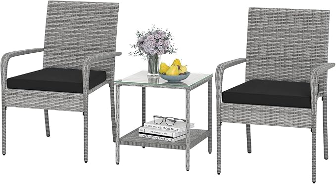 Tangkula 3 Pieces Patio Furniture Set, PE Rattan Outdoor Cushioned Conversation Chairs with 2-Tier Tempered Glass Tabletop Table, for Balcony, Garden and Poolside