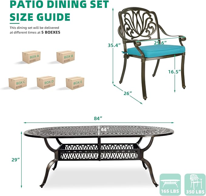 VIVIJASON 9-Piece Outdoor Furniture Dining Set, All-Weather Cast Aluminum Patio Conversation Set, Include 8 Cushioned Chairs and an Oval Table with Umbrella Hole for Lawn Backyard, Ocean Blue Cushion