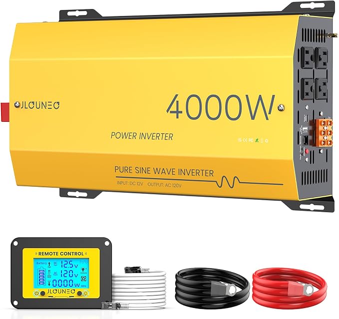 4000W Pure Sine Wave Inverter 12V DC to 120V AC Converter for Home, RV, Truck, Off-Grid Solar Power Inverter Built-in 3.1A USB, Type-C Port, AC Hardwire Output Port, Remote Control with LCD Screen
