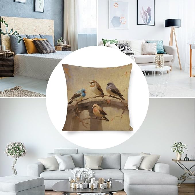 Sofa Pillow Case Colorful Birds are Sitting on A Branch Cushion Covers 16"x16" Oil Painting Rustic Forest Wildlife Birds Tree Branches Modern Pillow Cover Decor for Sofa Couch