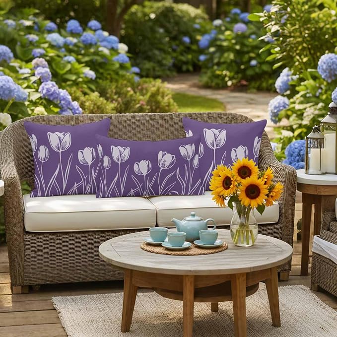 Purple Flower Waterproof Outdoor Pillow Covers Set of 2 Home Decor, Country Garden Floral Aesthetics Plant Pillowcase Patio Pillow Covers for Couch Bench Furniture Garden 20x12in