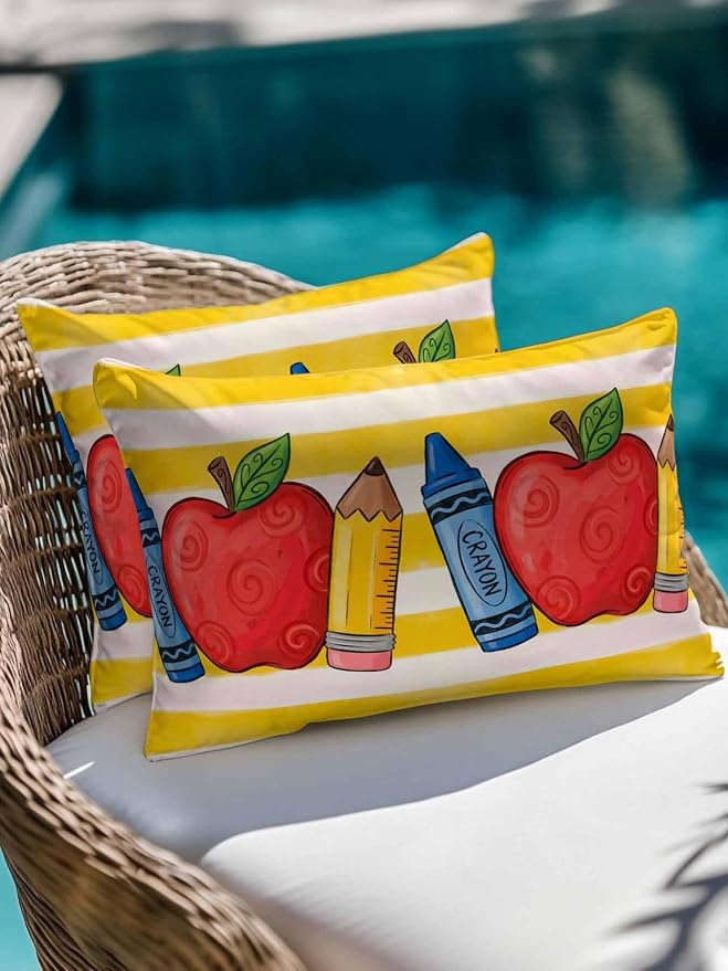 Outdoor Throw Pillow Set of 2, Children's Day Waterproof Pillow with Insert Included, Funny Cartoon Pencil Yellow Striped Decorative Accent Cushion Lumbar Pillows for Patio Porch, 12 x 20 in