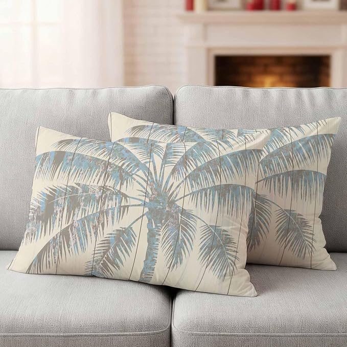 Pack of 2 Blue Beige Palm Tree Outdoor Pillow Covers Decorative, Summer Tropical Botanical Waterproof Pillow Protector, Vintage Lumbar Throw Pillowcases for Patio Couch Sofa Home Decor 20"x12"