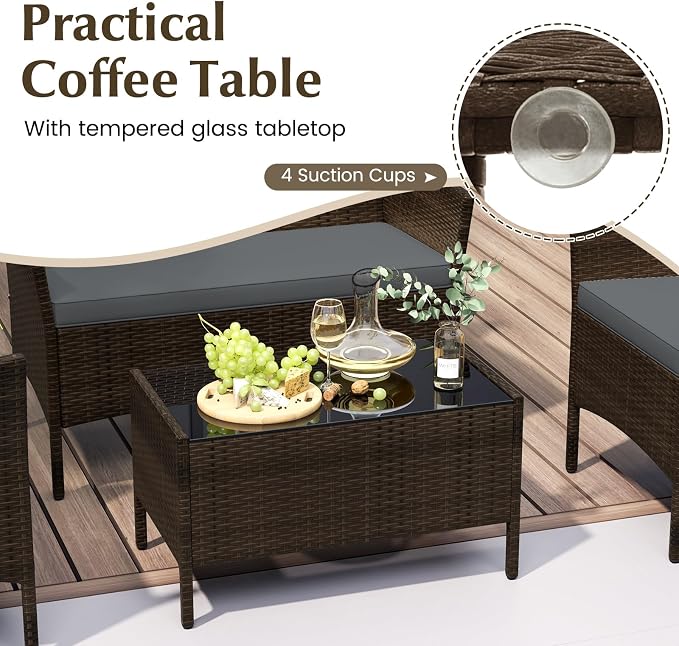 Tangkula 4 Piece Patio Rattan Conversation Set, Outdoor Wicker Furniture Set with Chair, Loveseat & Tempered Glass Table, Cozy Seat Cushions, Outside Sectional Sofa Set for Backyard, Porch (1,Grey)