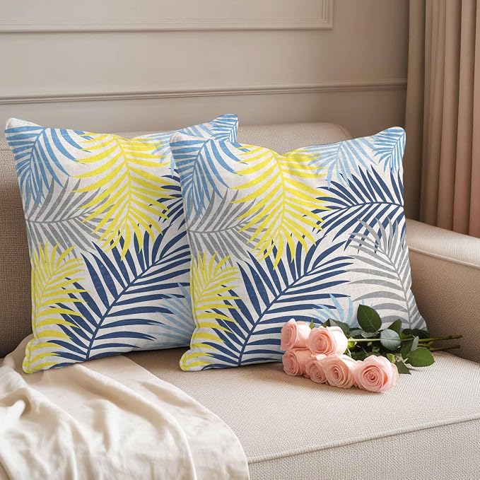 Outdoor Waterproof Throw Pillow Covers, Blue Yellow Grey Palm Leaves Decorative Pillow Cases, Summer Botanical Tropical Leaf Couch Pillow Protector Patio Sofa Cushion Covers Replacement 20"x20" 2 Pack
