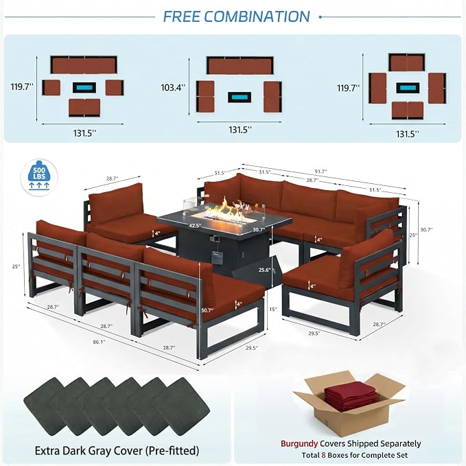 NICESOUL 9 Pcs Modern Aluminum Outdoor Patio Furniture Set with Fire Pit Table Propane/Gas, 29" Wide Deep Seat, Fade Resistant Large Sectional Sofa, 500 lbs Heavy Duty Backyard Conversation Set, Red