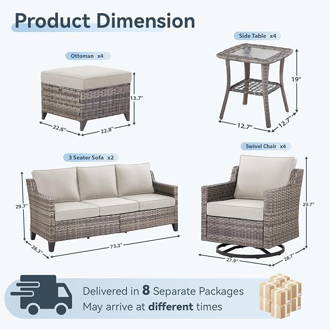 14 Piece Patio Furniture Set-High Back Outdoor Furniture Set Sectional Sofa with Wicker Swivel Patio Chairs,Comfy Cushions Ottomans for Porch Balcony Patio Deck Grey/Beige