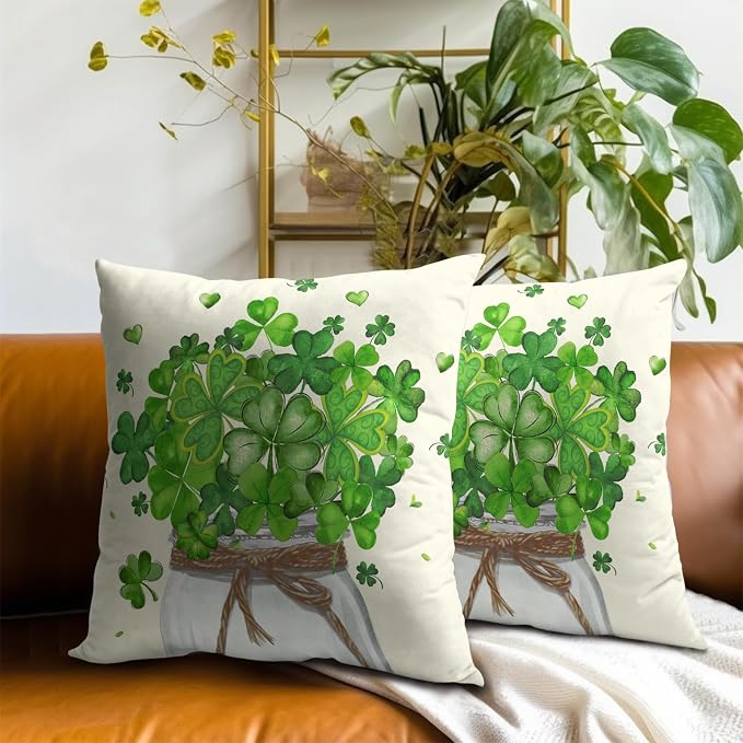 St Patricks Day Pillow Covers 18x18 Set of 2, Green Lucky Shamrocks Clovers Mason Jar Throw Pillowcases Square Cotton Cushion Cover for Couch Sofa Living Room Outdoor Home Decor