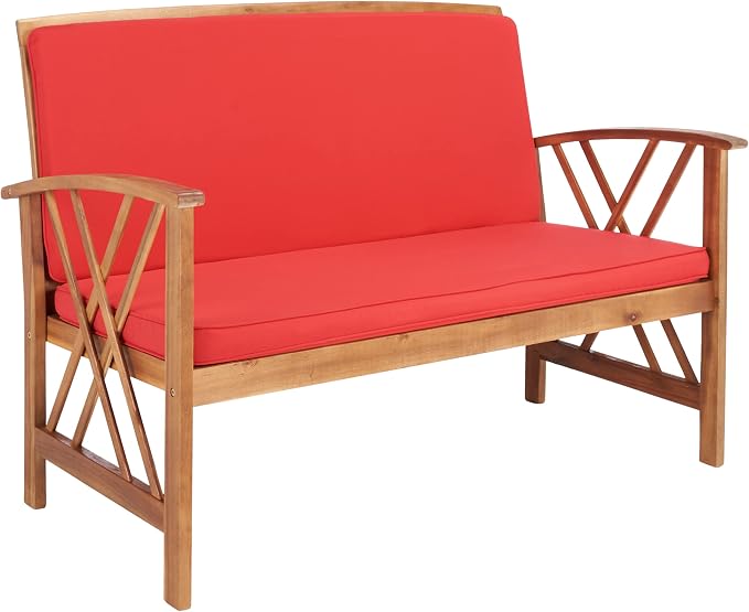 SAFAVIEH Outdoor - Fontana 4-Piece Conversation Set - Brown & Red - Solid Wood - Double-X Motif with Cushions - Ideal for Patio, Deck, Porch, Backyard (PAT7008R)