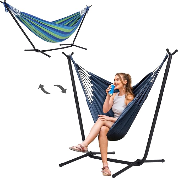 SUNCREAT 2-in-1 Convertible Swing Chair with Stand Included, Outdoor Hammocks for Outside, Patented, Green Strip