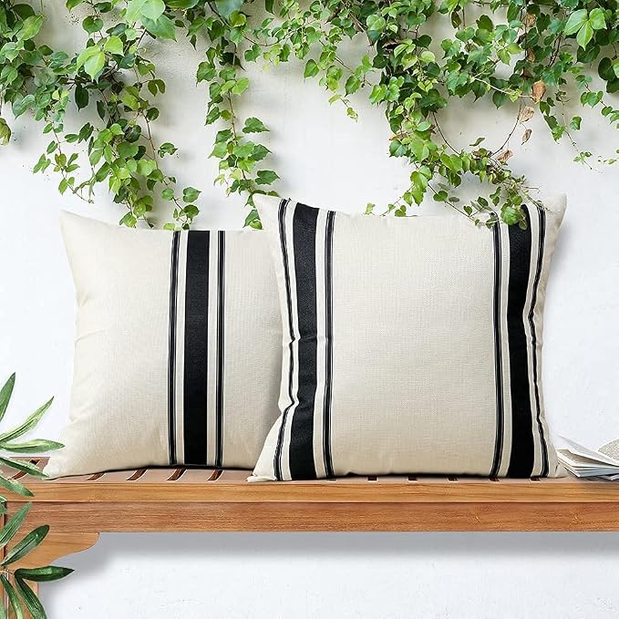 OTOSTAR Pack of 2 Outdoor Waterproof Decorative Pillow Covers 18x18 Inch Linen Geometry Pillowcases Cushion Case Garden Throw Pillow Covers Pillows Shell for Patio Furniture Couch Tent Balcony (Black)
