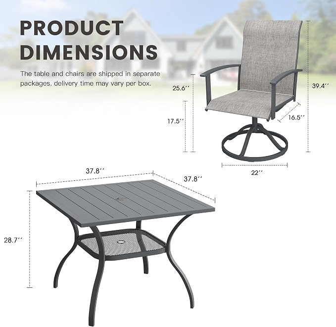 5 Pieces Patio Dining Set, Outdoor Furniture of 37.8" Square Patio Table and Patio Swivel Chairs for Backyard Lawn Garden, Dark Grey Table and Grey Chairs