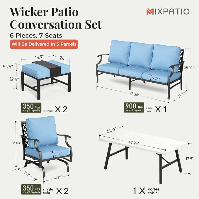 MIXPATIO Patio Furniture Set 6 pcs, Outdoor Patio Furniture, 3-Seat Sofa, 2 Rocking Chairs, 2 Ottomans, Coffee Table and 5.75" Extra Thick Cushion, Patio Conversation Set for Backyard Deck,Blue
